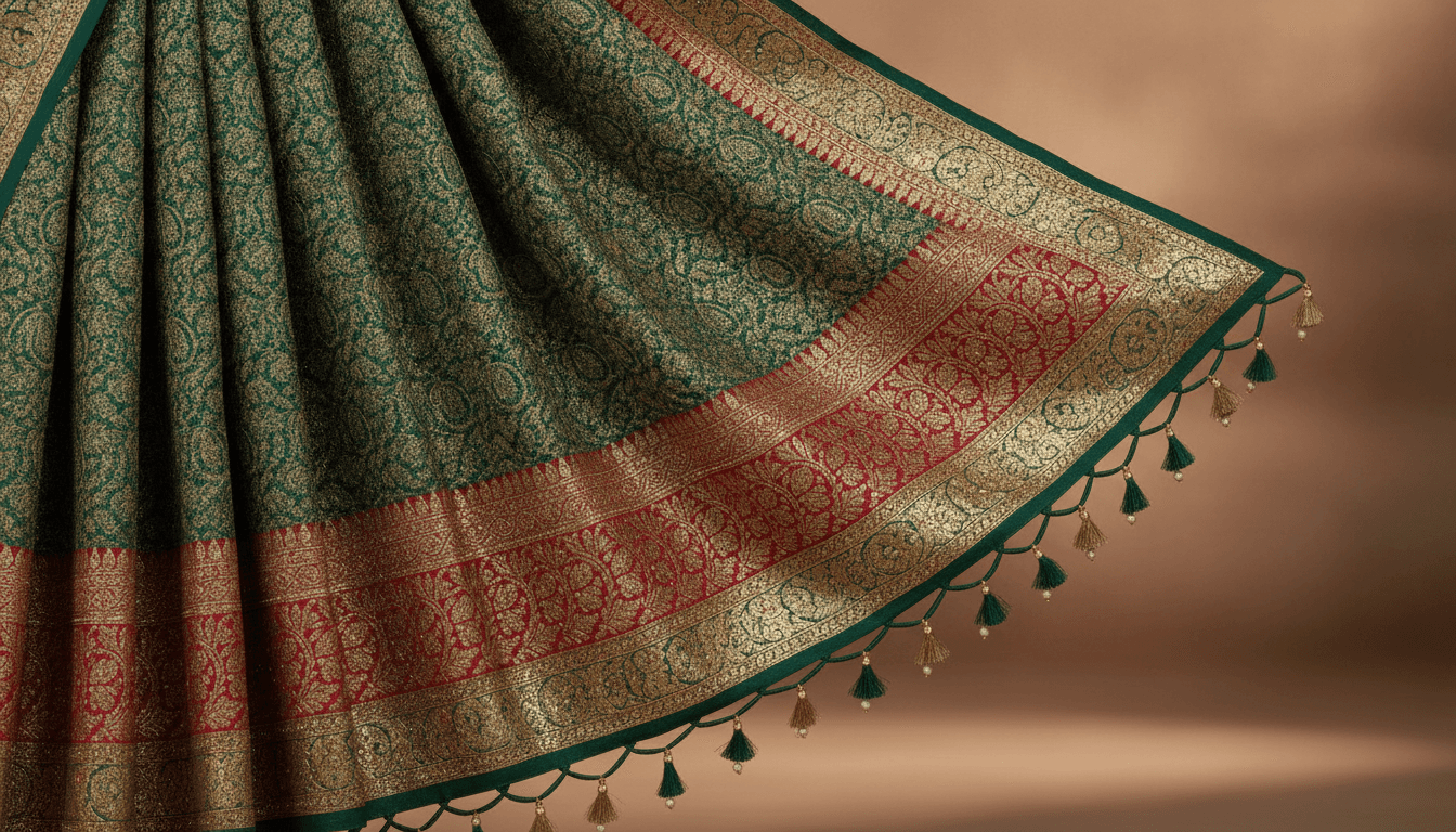 Close-up AI fashion catalog scene showing saree embroidery, zari border, and dupatta detail