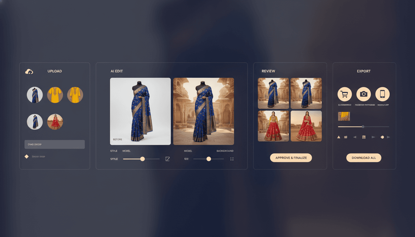 Fashion ecommerce workflow showing garment upload, AI editing, review, and catalog output