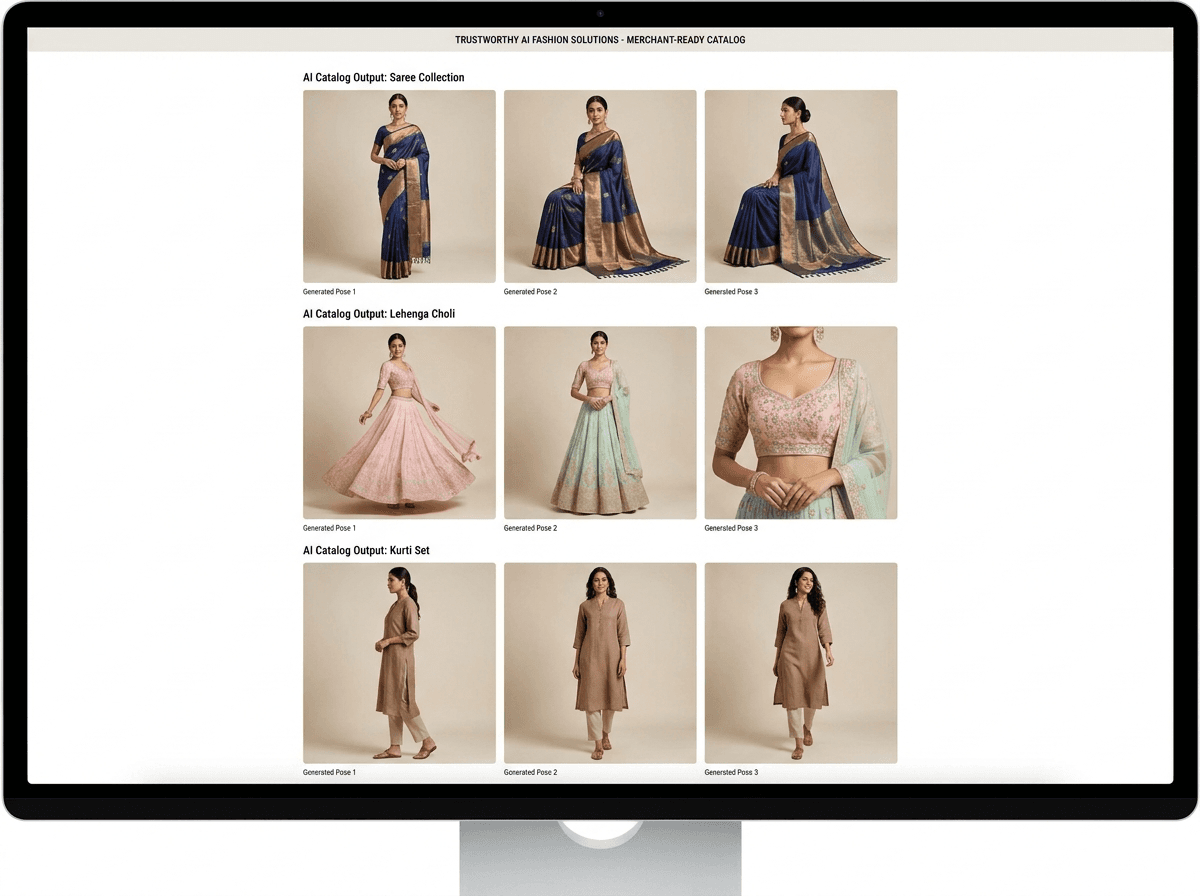 AI-generated ethnic wear catalog showing saree, lehenga, and kurti styles in multiple model poses