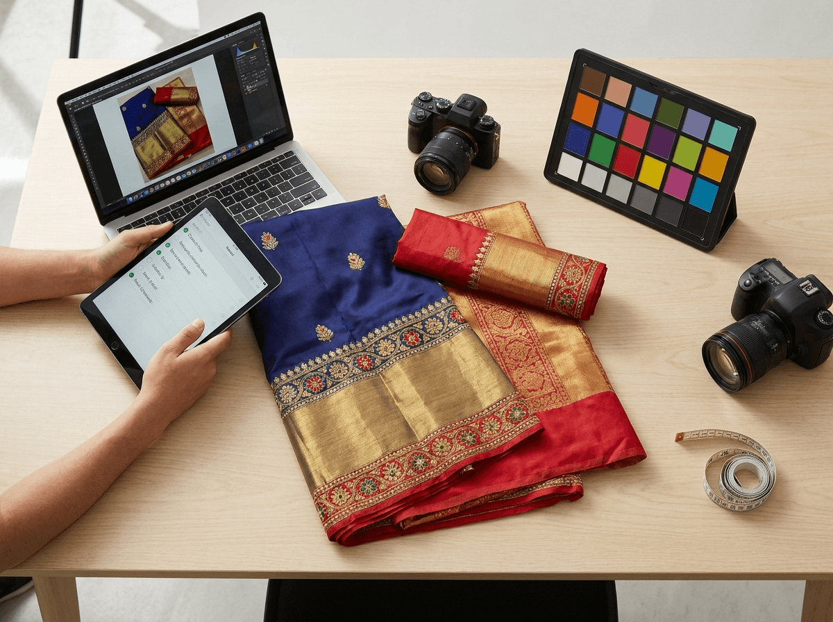 Seller reviewing saree flatlay and fabric detail images before generating AI catalog photos