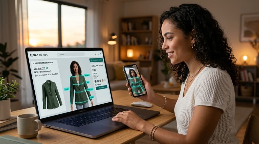 Customer using AI size recommendation on laptop and phone
