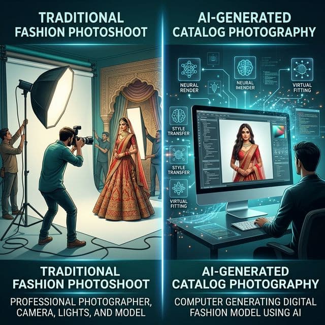 Traditional photoshoot vs AI comparison for lehengas