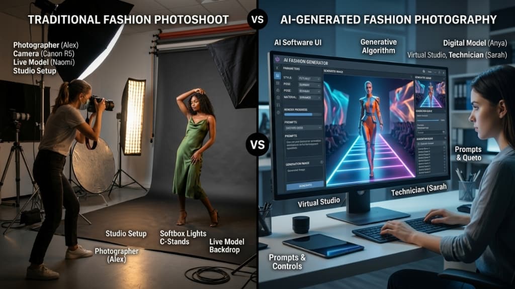 Labeled Comparison: Traditional vs AI fashion photoshoot