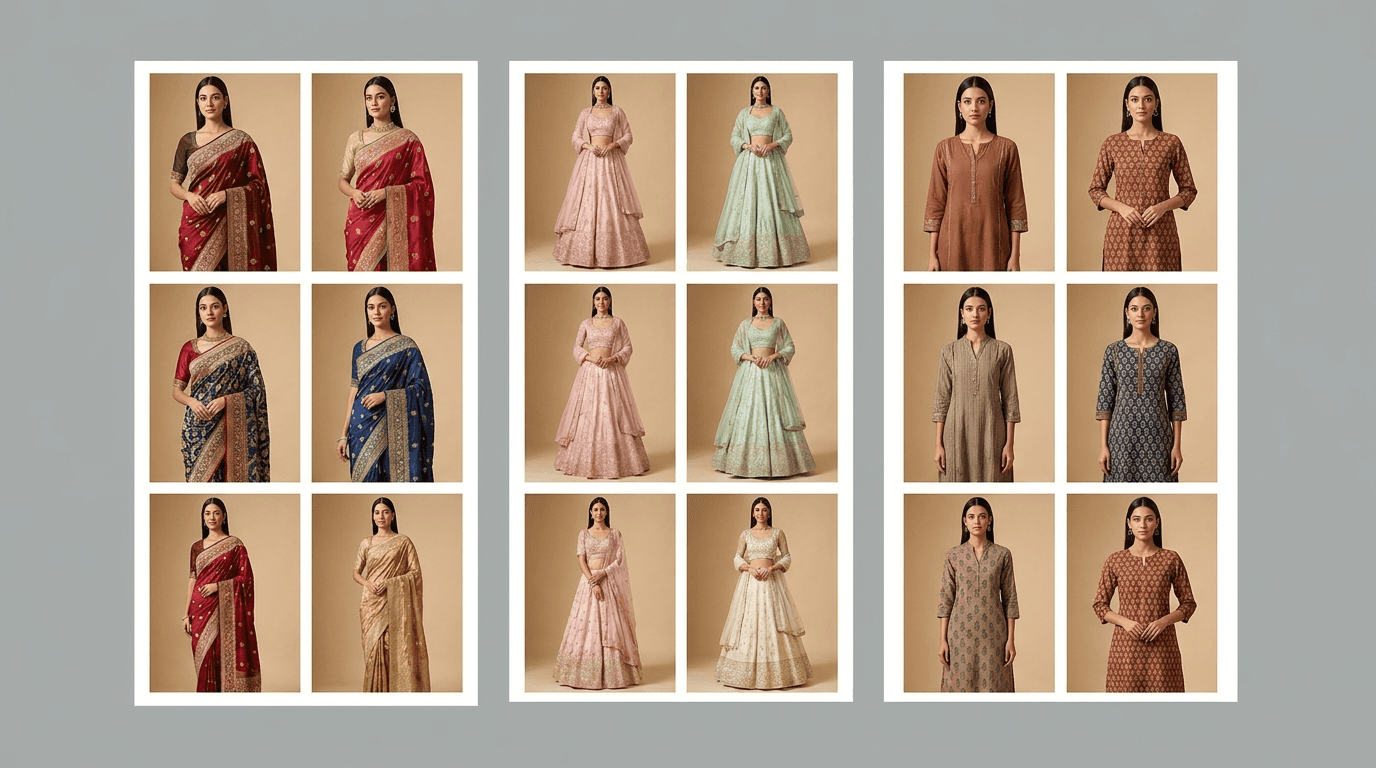 AI-generated ethnic-wear catalog grid featuring saree, lehenga, and kurti presentations with consistent model styling and product detail