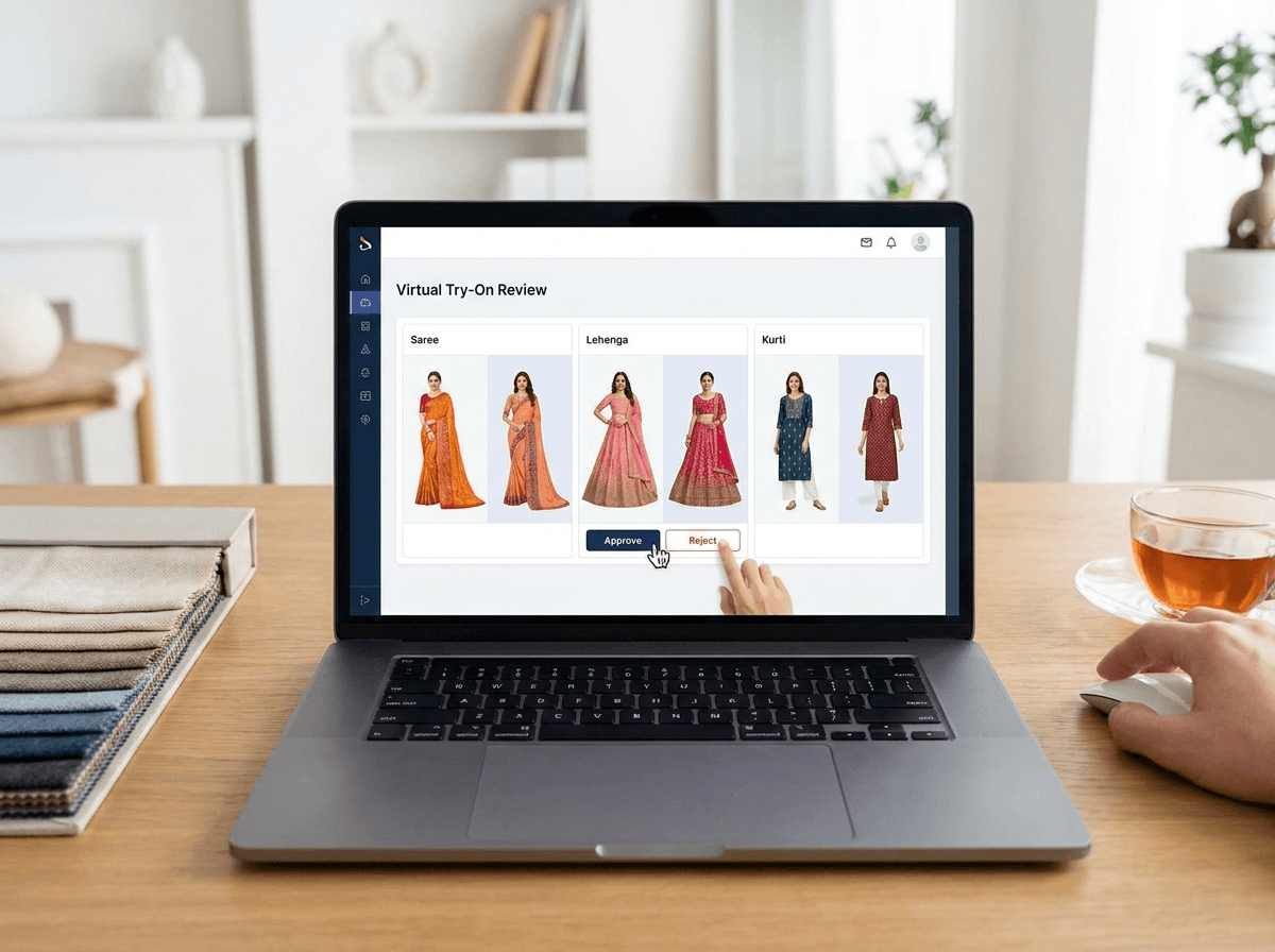 WooCommerce merchant comparing virtual try-on results for saree, lehenga, and kurti products
