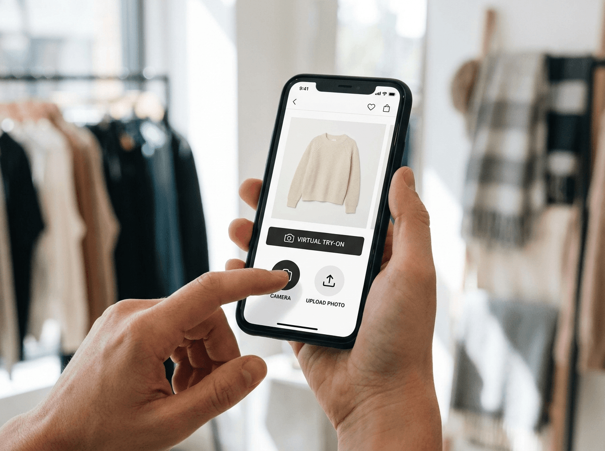 Mobile shopper using virtual try-on on a WooCommerce clothing product page