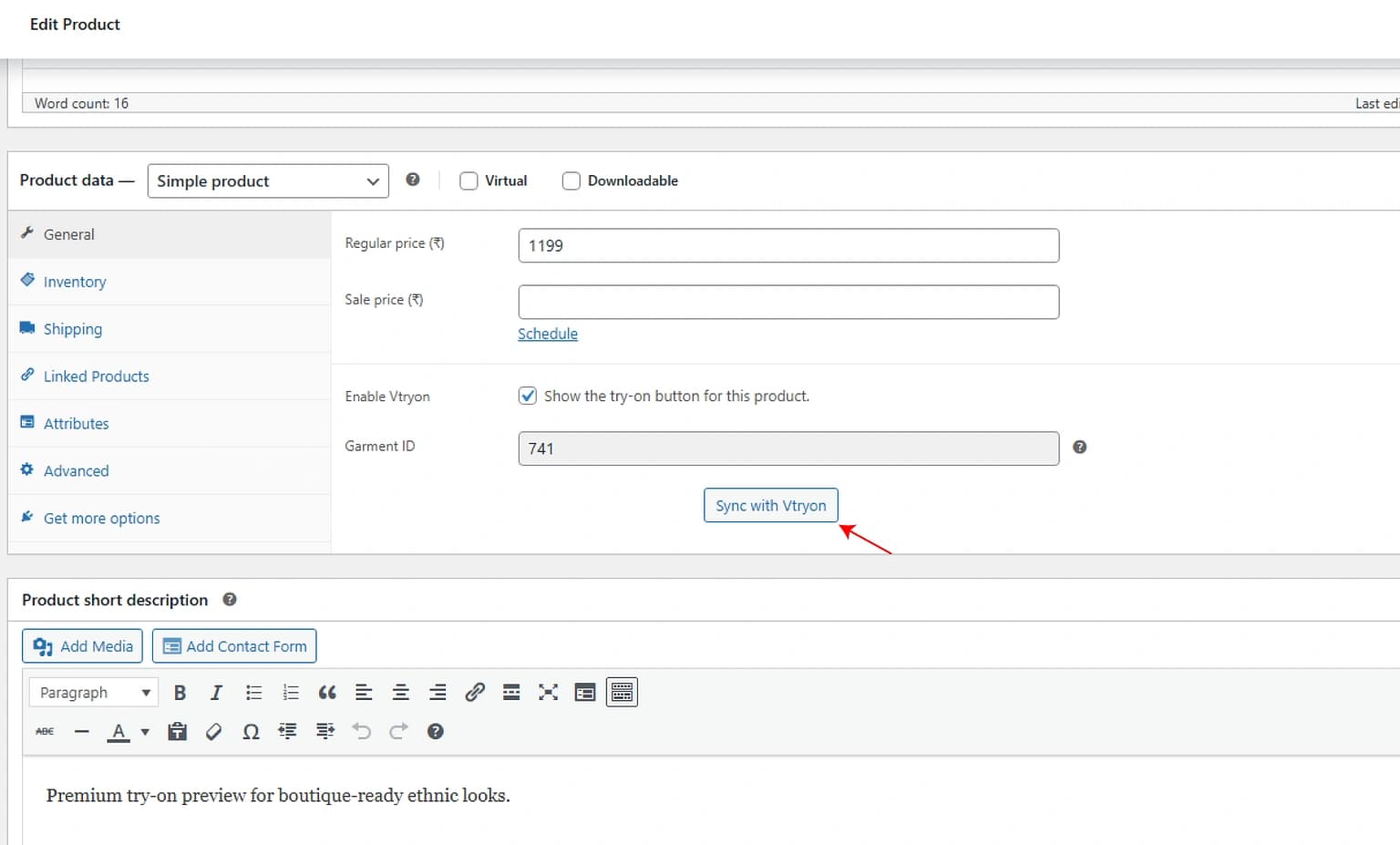Garment image picker on the product edit screen for single product sync