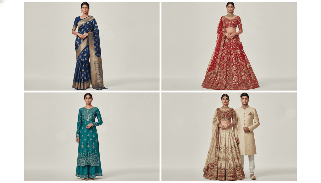 Ethnic wear fashion catalog visuals for sarees, kurtis, and lehengas in a clean ecommerce layout