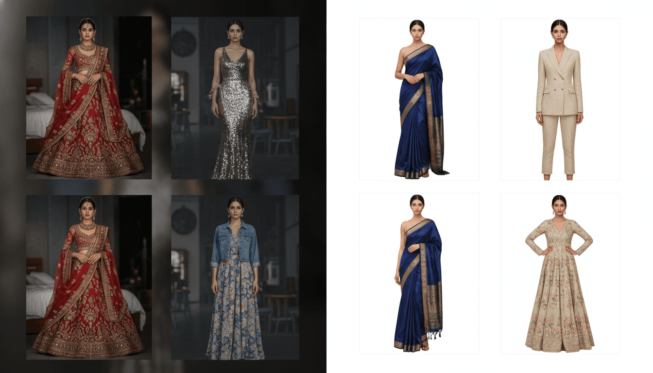 Comparison graphic showing general AI assistance versus specialized AI fashion merchandising workflows