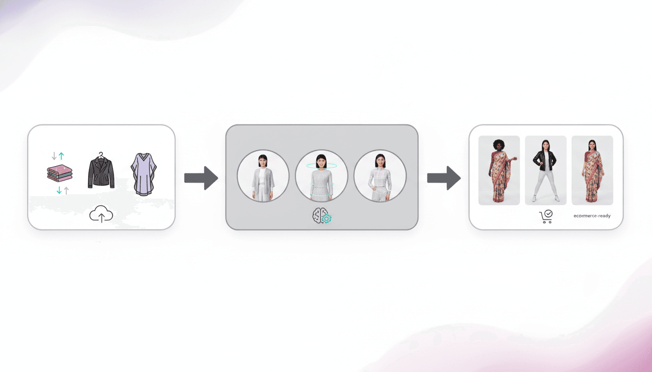 Fashion ecommerce workflow from garment image to AI model visuals, multiple poses, and publish-ready product content