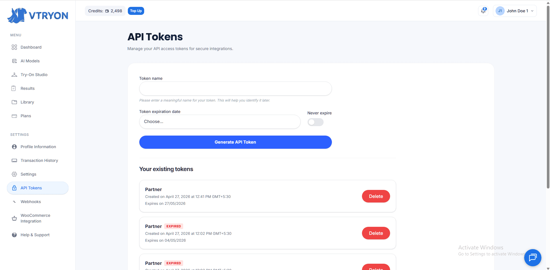 API Token Generation UI